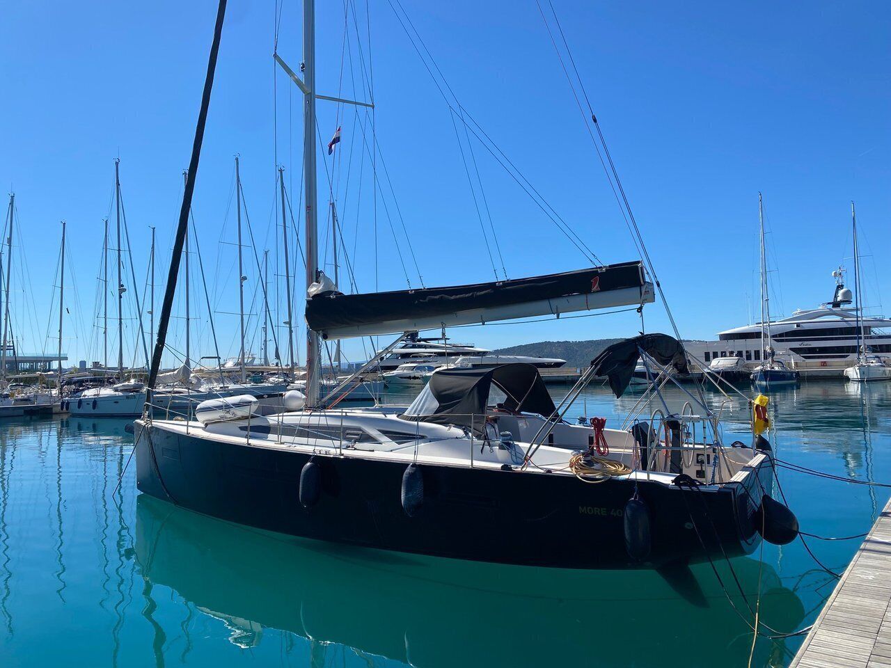 A sailboat docked at a marina with clear skies.