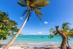 Ein Strand mit klarem türkisfarbenem Wasser, Palmen und Booten.