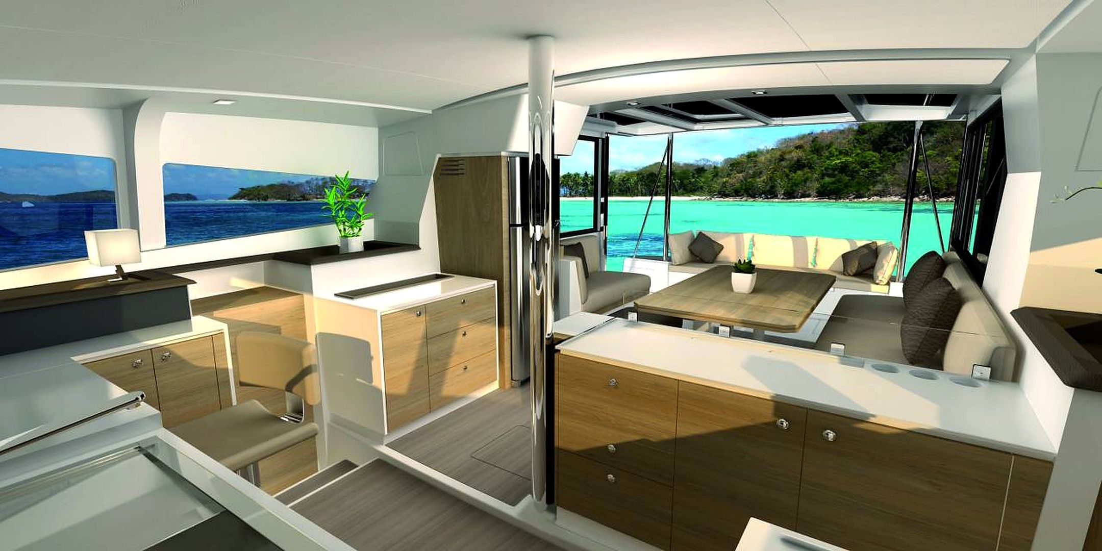 A modern interior with a kitchen, dining area, and seating with a view of the sea.