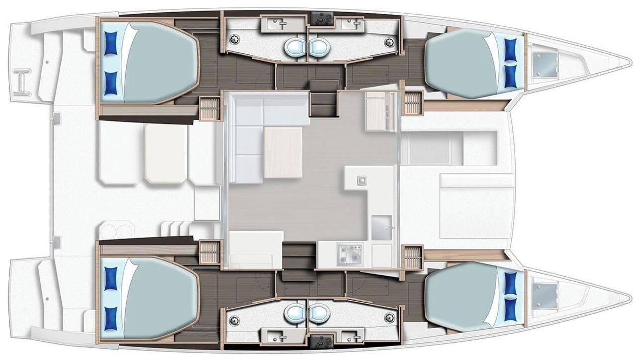 A boat interior with a central dining area, two separate cabins, and a bathroom.