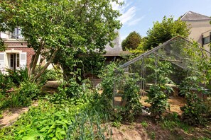 Un jardín con diversas plantas y una estructura de invernadero.