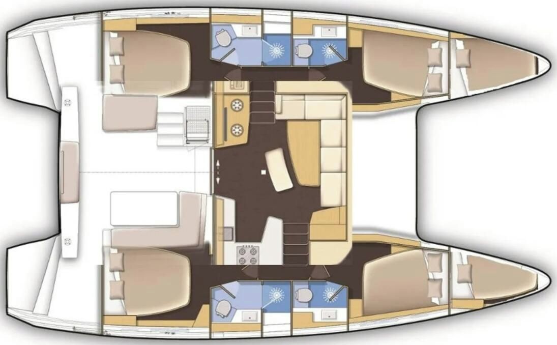 Interior de un barco con una zona de comedor central, dos zonas de comedor más pequeñas, una cocina y un baño.