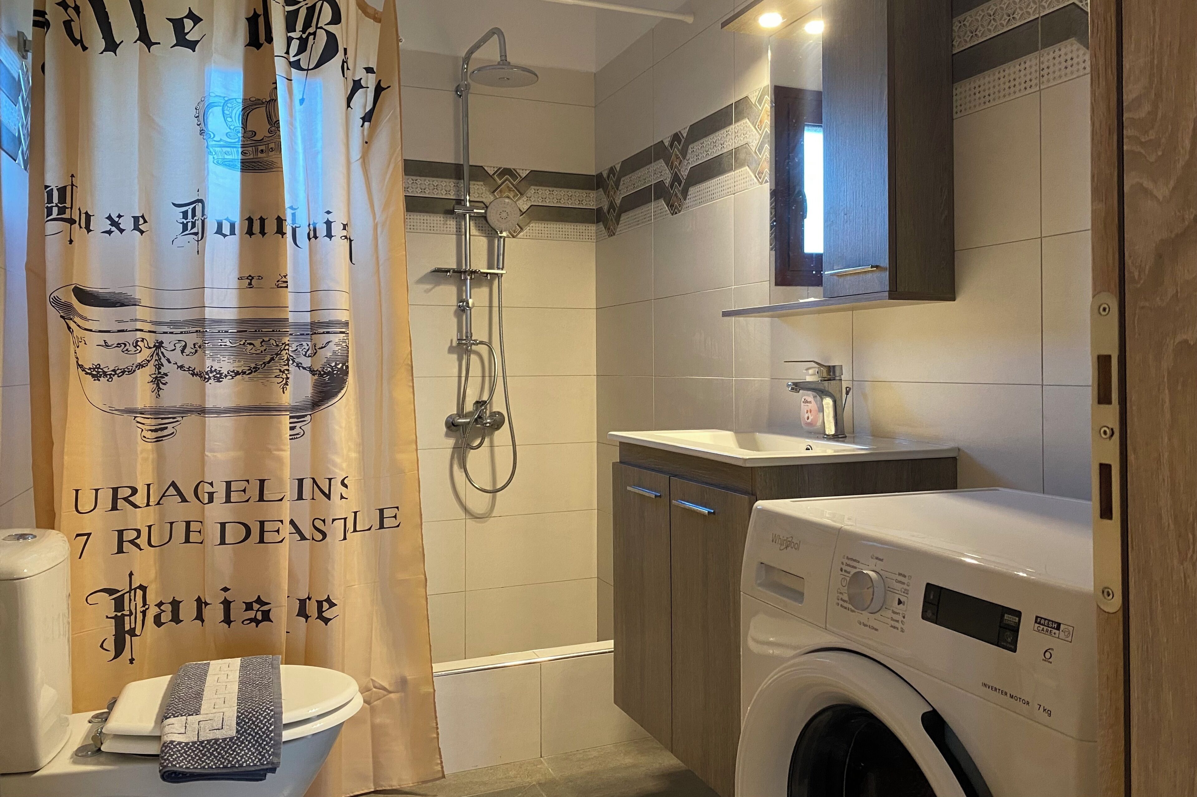 Hair dryer, towels, soap, toilet paper