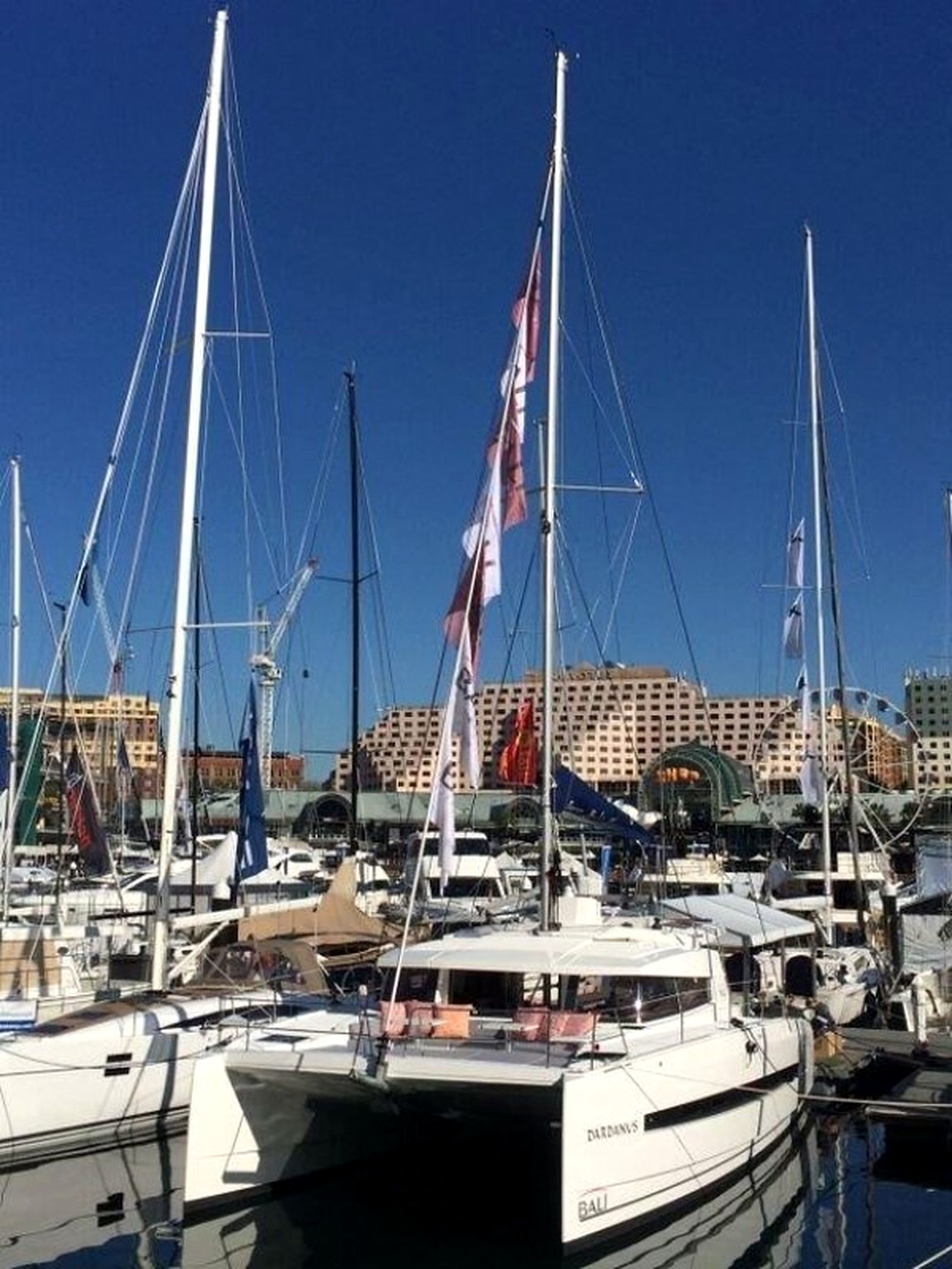 A marina with multiple sailboats docked, a building with a dome structure in the background, and a clear blue sky.