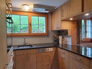 Une cuisine moderne avec des meubles en bois, un évier en acier inoxydable et une fenêtre donnant sur un paysage verdoyant.