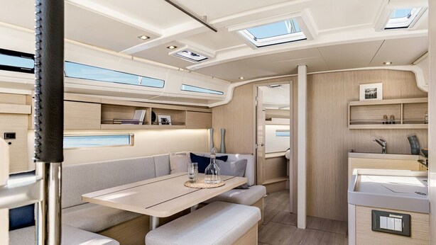 A modern interior with a dining area, seating, and built-in storage. - Sun-Kissed Sailing Adventure in Zadar, Croatia (Biograd na moru)