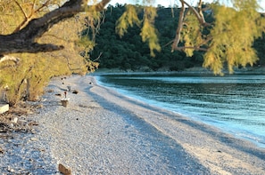 Una playa de guijarros con árboles y un lago tranquilo.