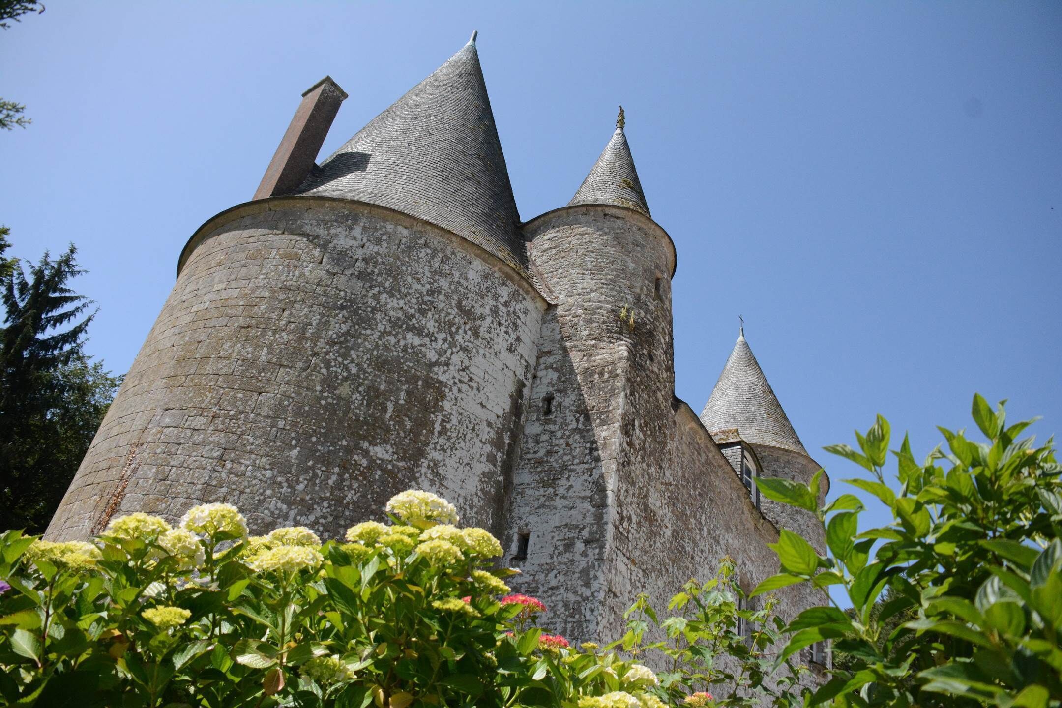 A historic stone tower with conical roofs, surrounded by greenery.