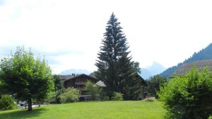 A grassy area with a large coniferous tree and a building with a sloped roof. - Monique Nr. 14 Appartement/Fewo, Dusche oder Bad, WC 5-Bettwohnung by Interhome (Gstaad)