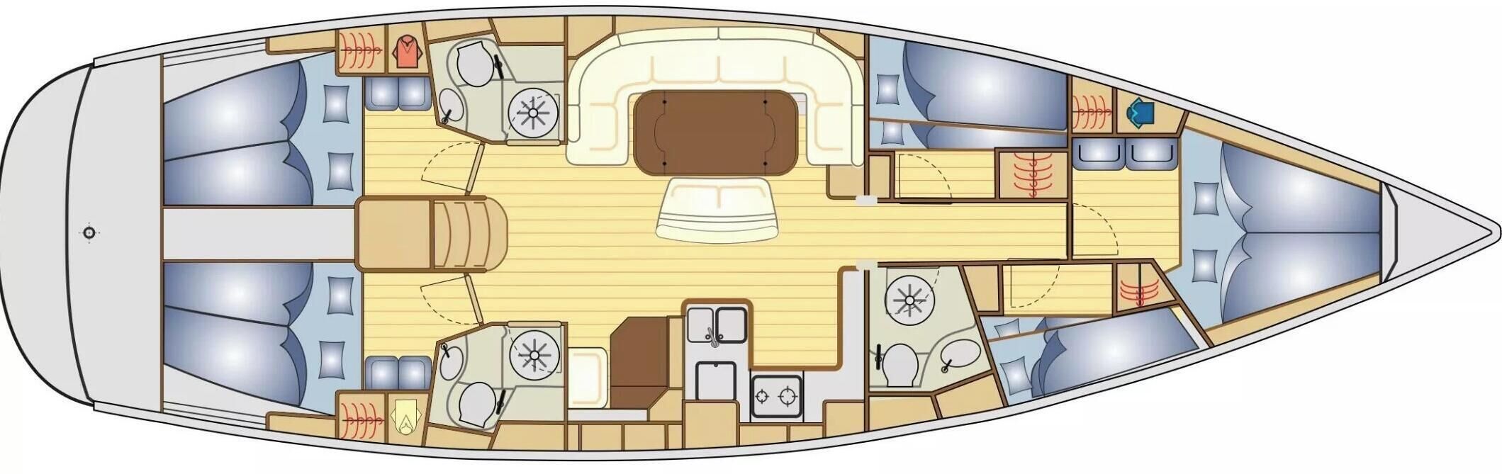 A boat interior with a central seating area, a dining table, and various cabins.