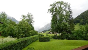Üppige grüne Landschaft mit Holzzaun, geschnittenen Hecken und einem Dorf in der Ferne.