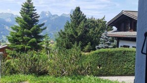 Vista attraverso una finestra su una zona residenziale con montagne sullo sfondo, un patio lastricato e un siepe.