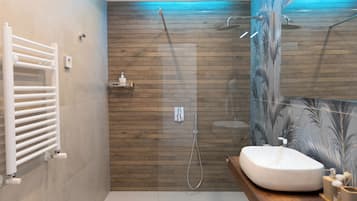 Shower, hair dryer, bidet, towels