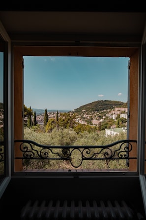 A balcony with a wrought iron railing overlooking a residential area with houses and trees. - Rose Room 19 m² Upstairs, Shared Living Room, Kitchen, Garden and Parking (Grasse)