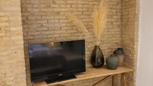 Een televisie op een houten standaard tegen een bakstenen muur, met een vaas en sierplanten op de standaard.