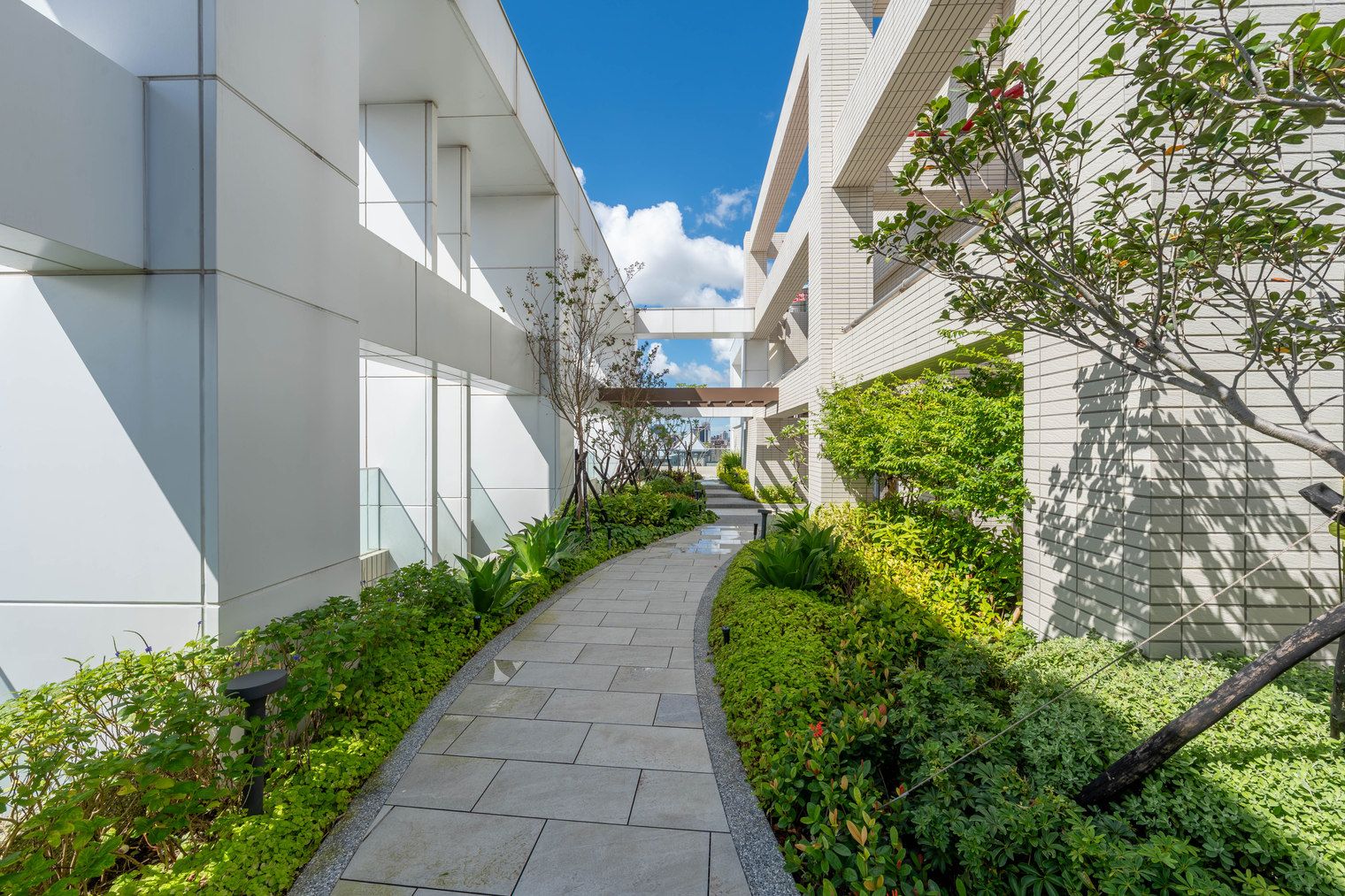 A pathway flanked by modern buildings with a clear sky above.