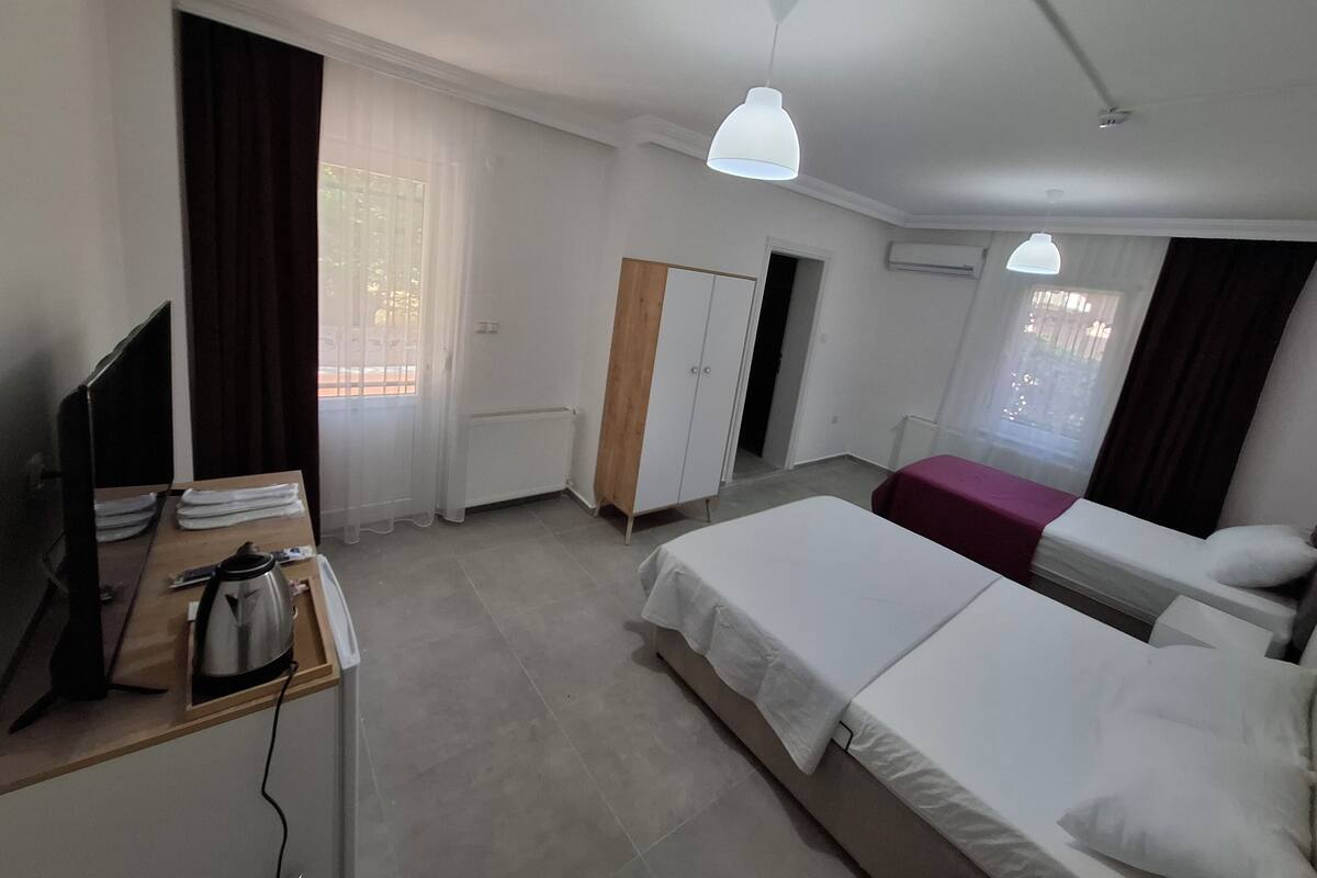 A hotel room with a bed, a desk with a kettle, a wardrobe, and a television.