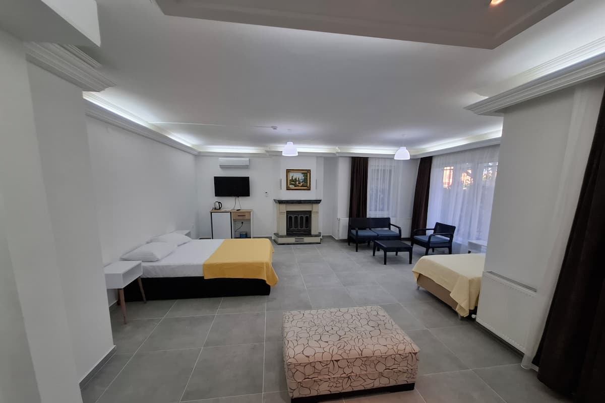 A hotel room with a bed, a sofa, a small table, a TV, and a fireplace.
