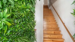 A staircase with wooden steps and a wall covered in green foliage. - FI in Lisboa Ciudad With 2 Bedrooms and 1 Bathrooms (Lisbon)