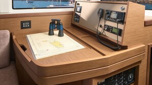 A wooden desk with binoculars, a map, and a control panel with various buttons and screens. - Sun-kissed Sailing Adventure in Split-Dalmatia, Croatia (Trogir)