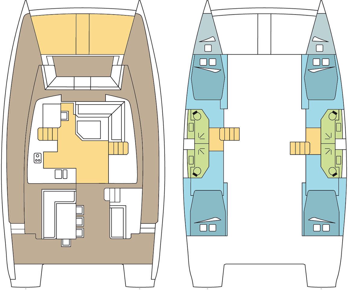 A boat interior with a kitchen, dining area, and two cabins.