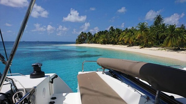 A boat's deck with a view of a beach and palm trees.