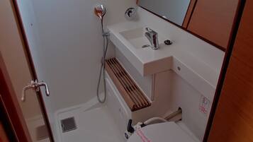 A compact bathroom with a sink, mirror, and shower.