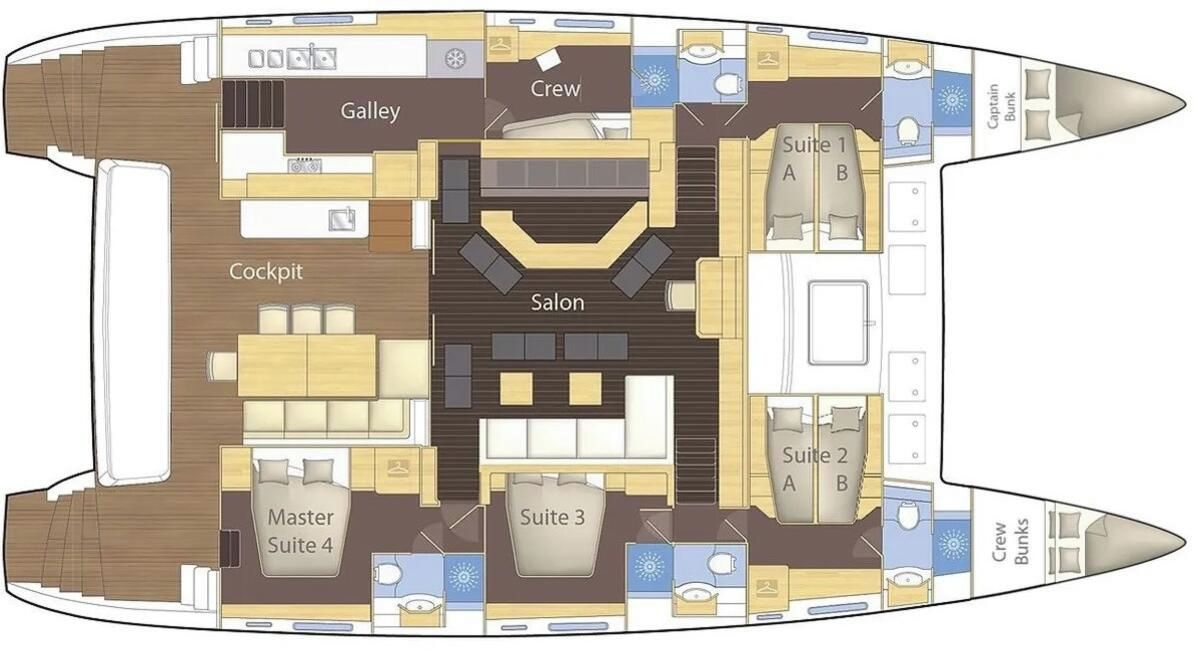 Distribución interior de un barco con cocina, camarotes de tripulación, salón y varias suites.