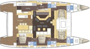 A ship's interior layout with a galley, crew quarters, a salon, and multiple suites.