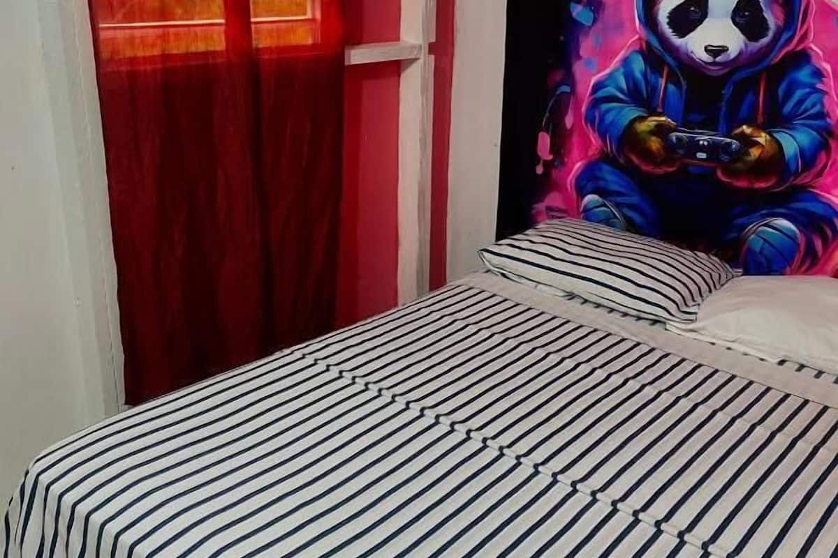 Una cama con ropa de cama a rayas, una ventana con cortinas rojas y una pared decorada con un grafiti de panda.