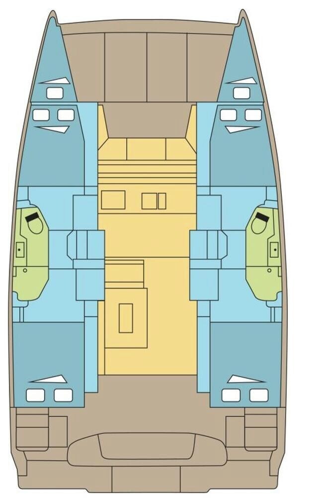 A boat interior with a central yellow area, two green areas on either side, and a brown area at the bottom.