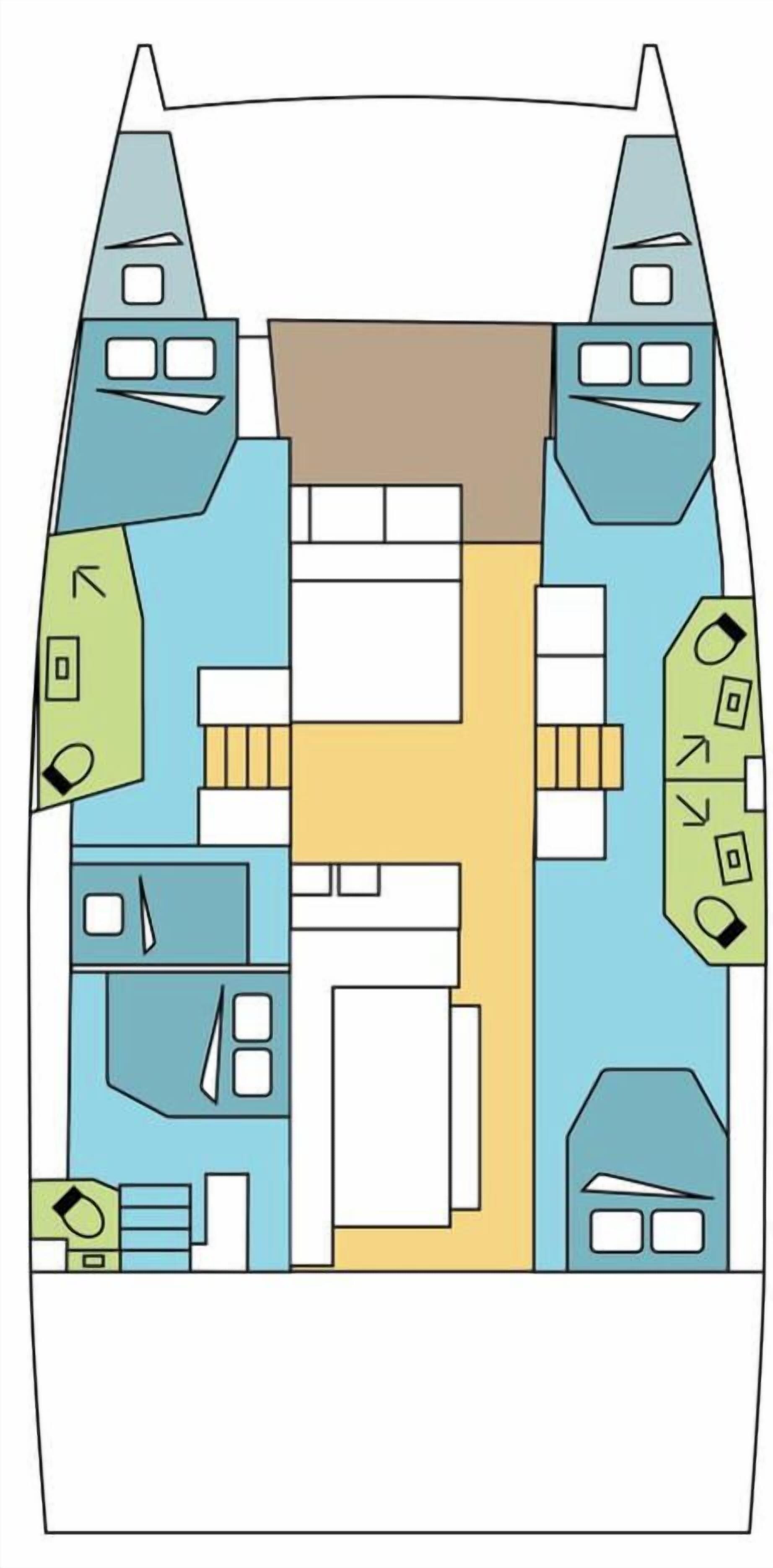A floor plan with multiple rooms, a central hallway, and a kitchen area.