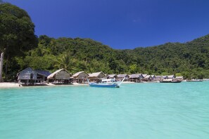 A coastal area with thatched-roof huts, a boat, and a forested hill in the background. - Sun-Kissed Sailing Journey in Trat, Koh Chang (Ko Chang)