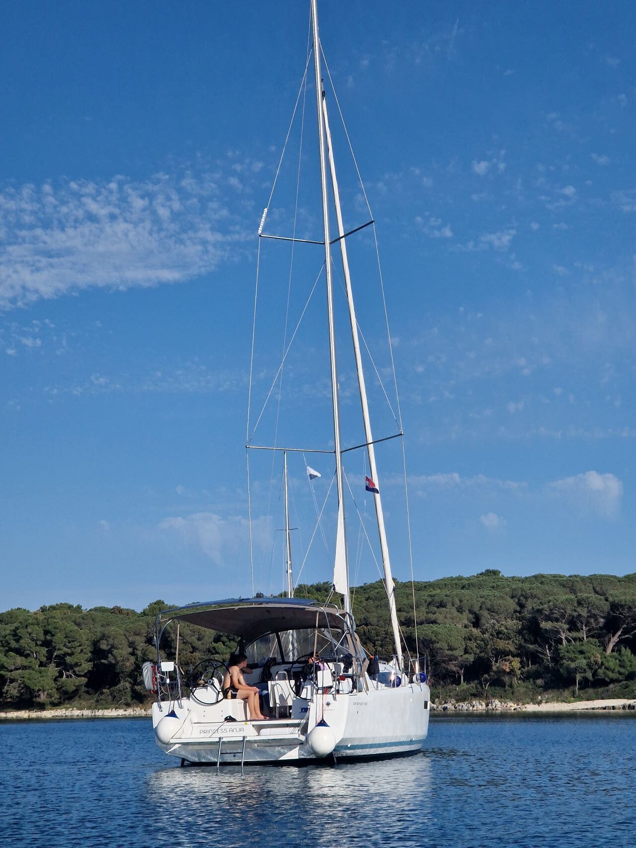 A sailboat with a covered deck and a person on the bow, anchored near a coastline with dense greenery.