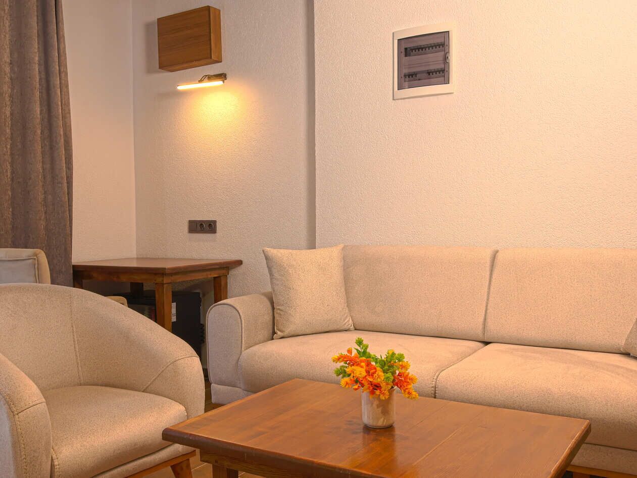 Bangalô superior, 1 cama Queen e sofá-cama, não aceita animais de estimação, vista para o jardim | Área de estar | Smart TV 40 polegadas com canais via satélite