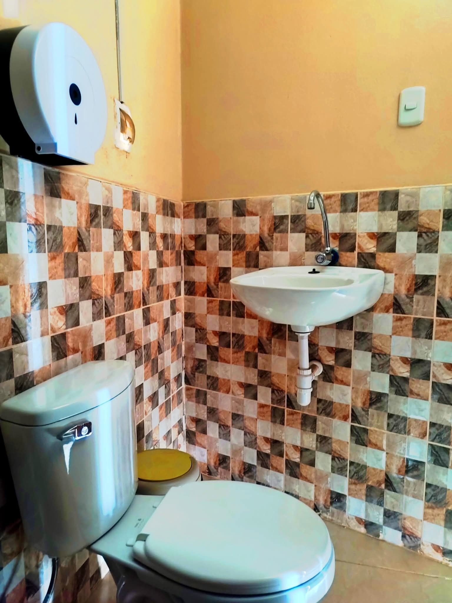 Shower, towels, soap, toilet paper