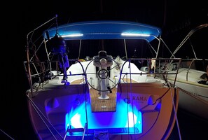 A boat with a blue canopy and a steering wheel in the center.