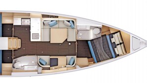 A boat interior with a kitchen, dining area, and two sleeping quarters. - Sun-Kissed Sailing Adventure in Istria, Croatia (Pula)