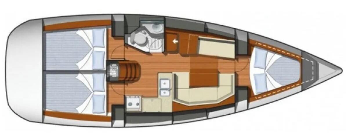 L'intérieur d'un bateau comprend un coin repas, une cuisine et un espace salon.