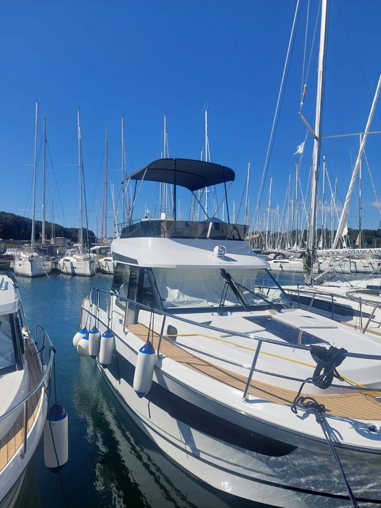 A marina with multiple sailboats docked, featuring a covered deck area and a clear sky.