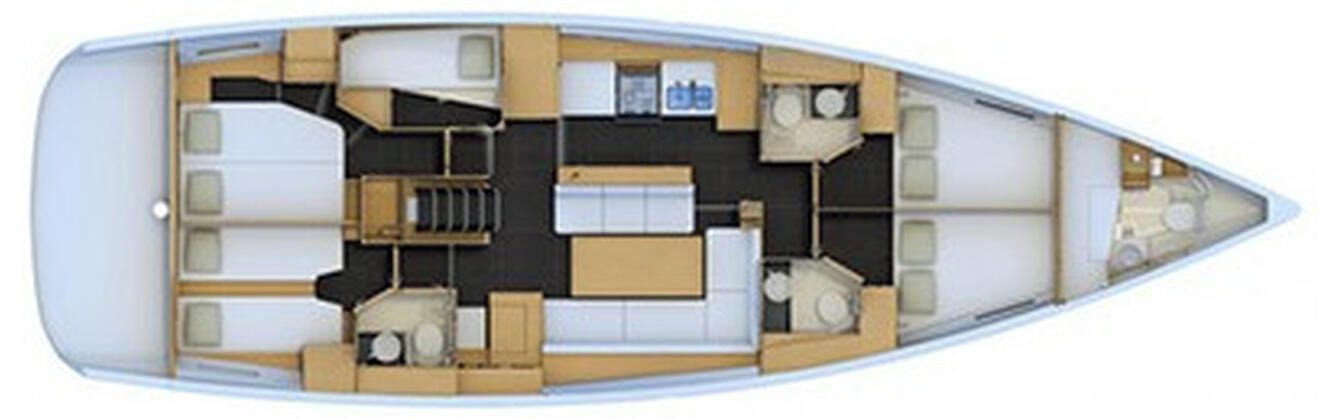 A boat interior with a dining area, kitchen, and seating arrangements.