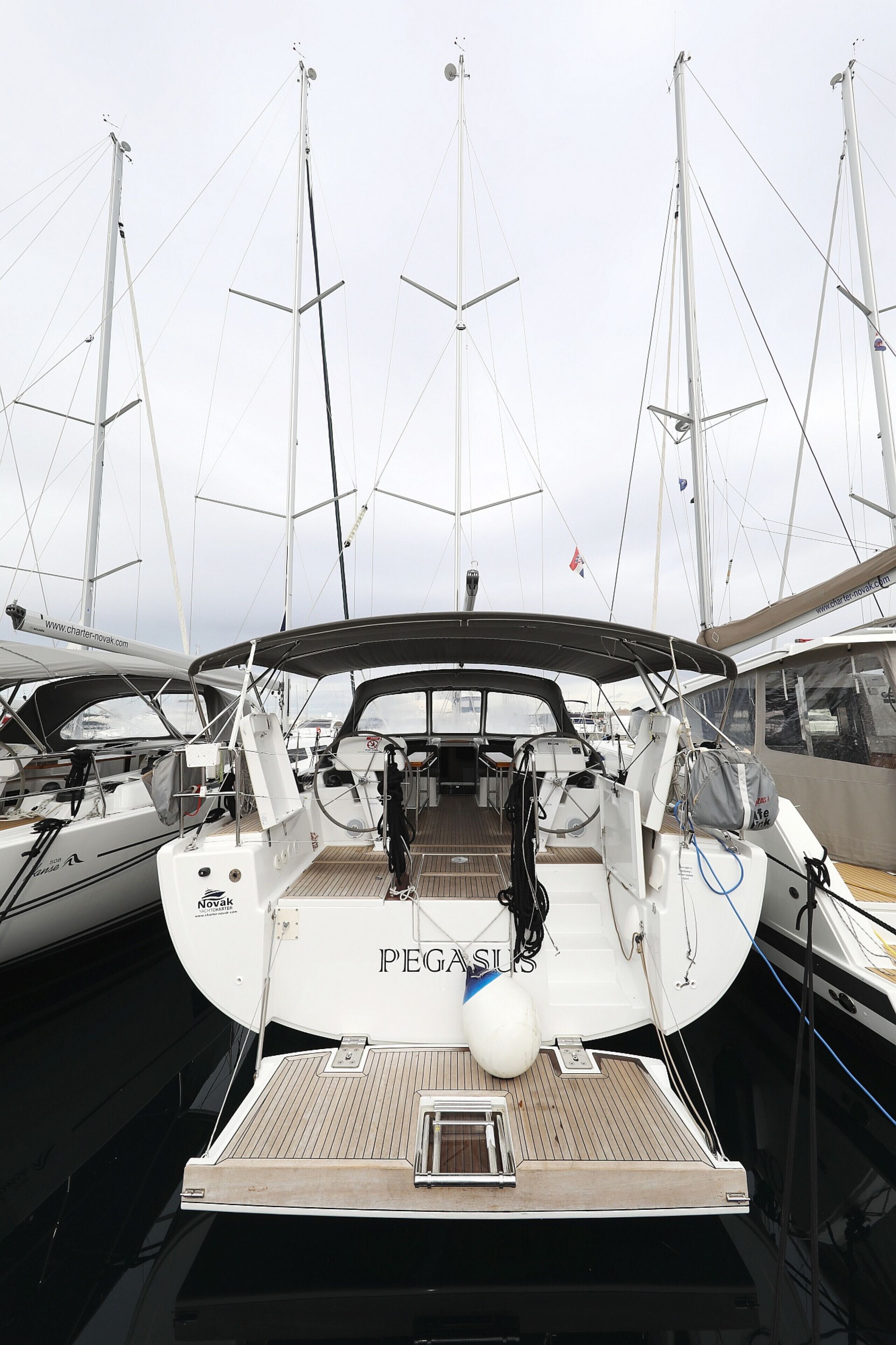 A yacht named 'PEGASUS' docked at a marina with multiple masts and other boats in the background.