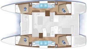 A boat interior with a central dining area, two seating areas, a kitchen, and a bathroom.