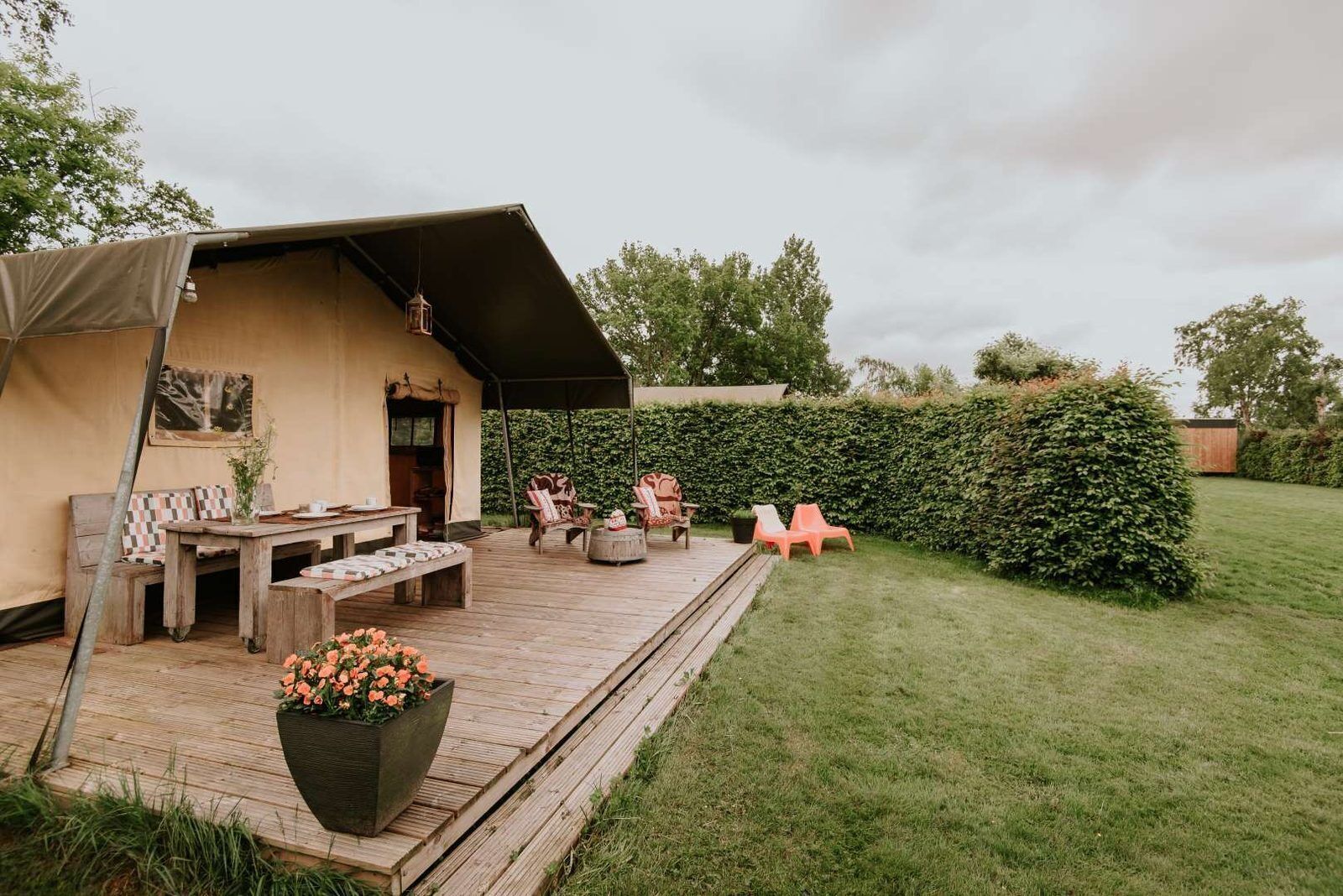 A covered outdoor seating area with a table and chairs, a potted plant, and a hedge in the background.