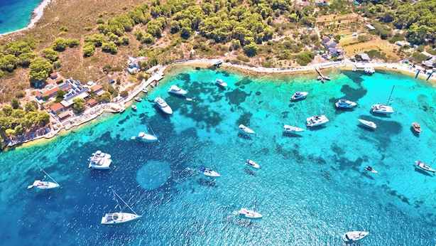 An aerial view of a coastal area with boats docked along the shore, surrounded by greenery and buildings. - Sun-Kissed Sailing Adventure in Mlini, Croatia (Srebreno)
