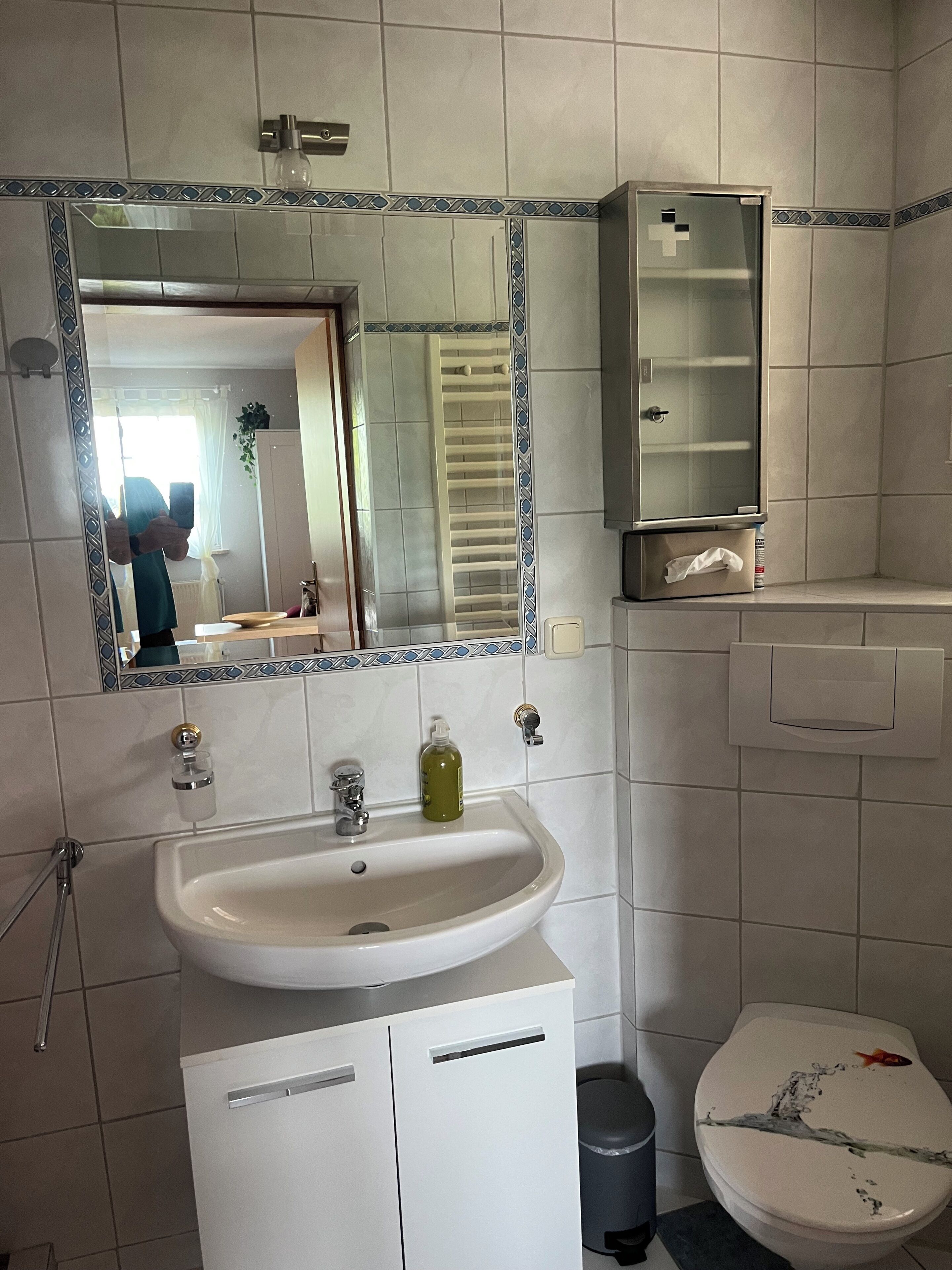 Une salle de bain équipée d’un lavabo, d’un miroir, d’un meuble et de toilettes.