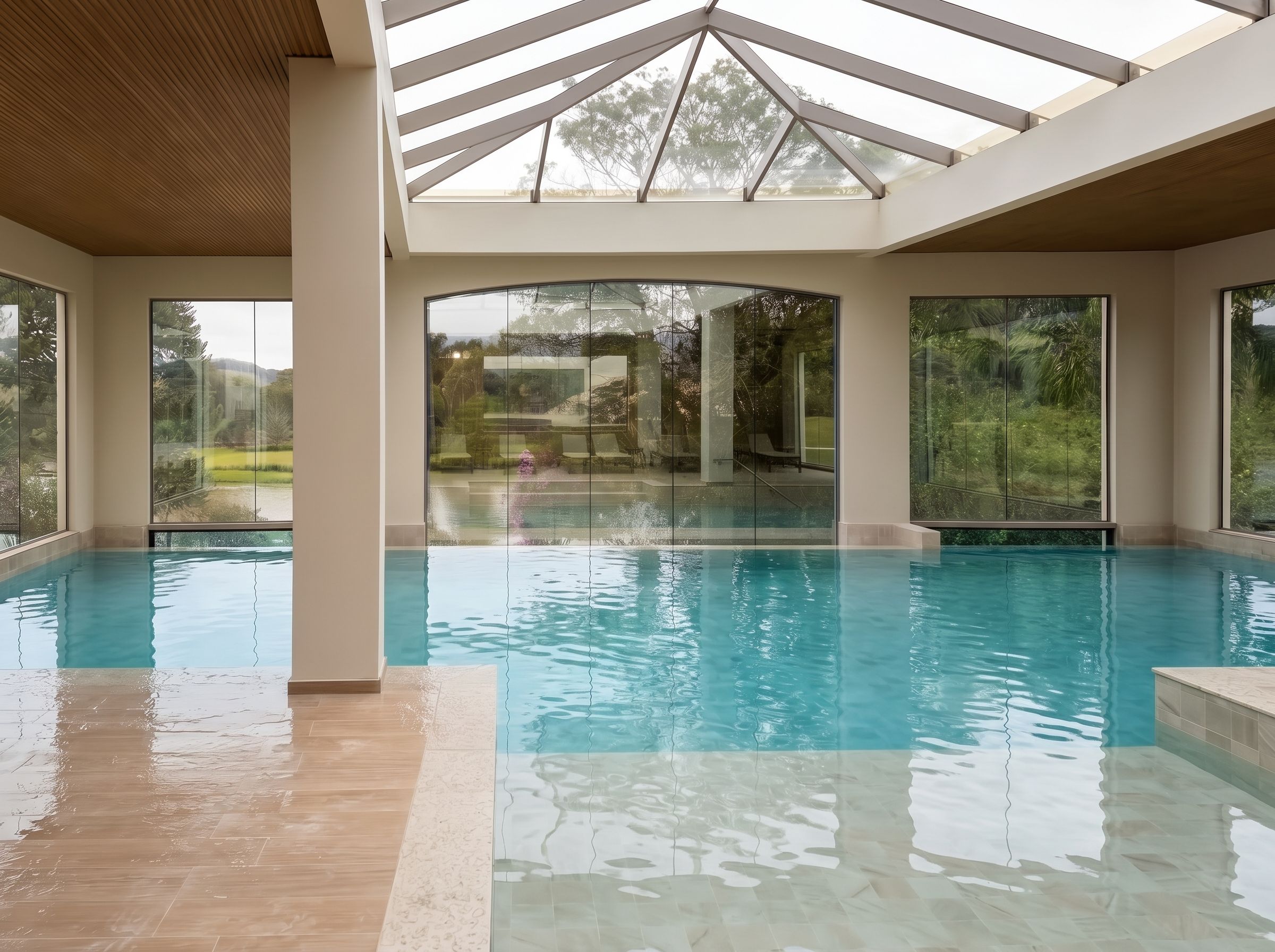 Una amplia piscina interior con paredes de vidrio transparente, techo de madera y vistas a un jardín.