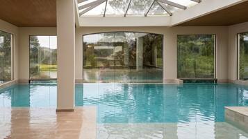 Una amplia piscina interior con paredes de vidrio transparente, techo de madera y vistas a un jardín.