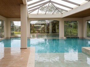 A large indoor swimming pool with clear glass walls, a wooden ceiling, and a view of a garden.