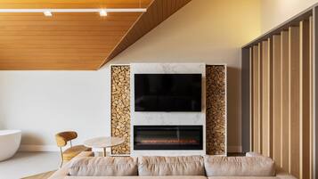 Una sala de estar moderna con chimenea, un sofá y una televisión.